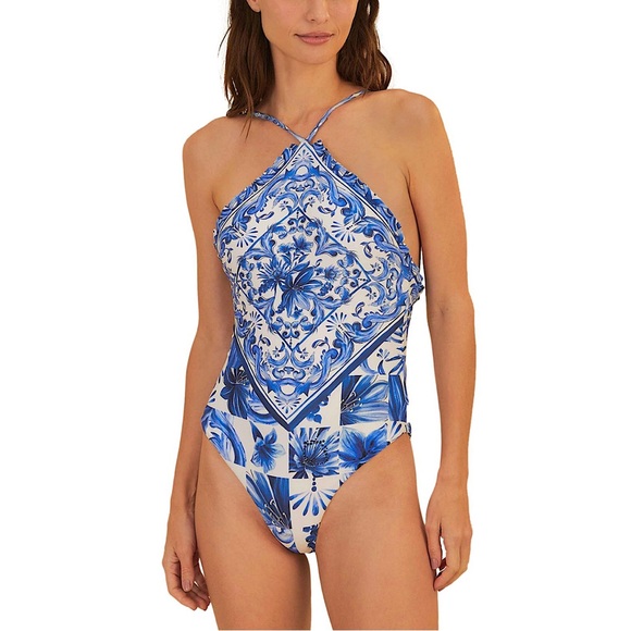 Farm Rio Garden Tiles Printed Halter One Piece Swimsuit white blue LARGE - Picture 1 of 5